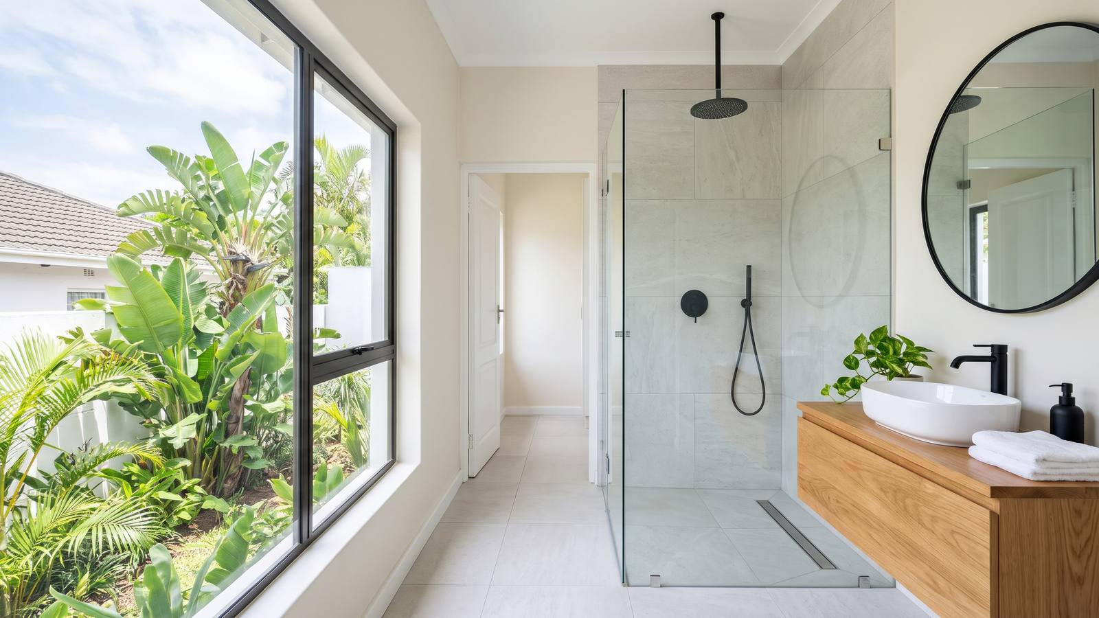 Renovated bathroom with a frameless walk-in shower, pale porcelain wall tiles, a floating vanity and a window onto green subtropical planting.