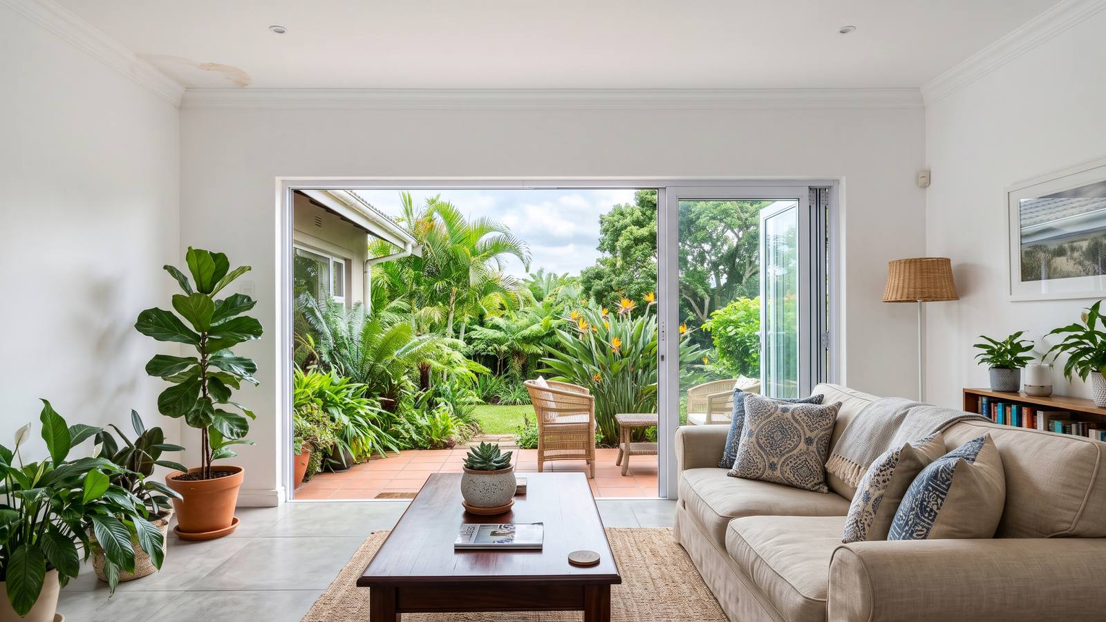 Bright, tidy lounge with a white flat ceiling and a small brown water stain near the cornice, the typical sign that ceiling repairs are needed.