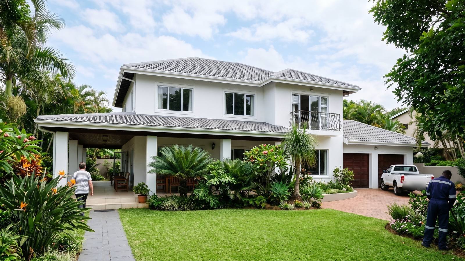 A well-kept white plastered Durban home with a grey concrete-tile roof, a covered veranda and a lush subtropical garden, the kind of house home renovations in Durban cover.