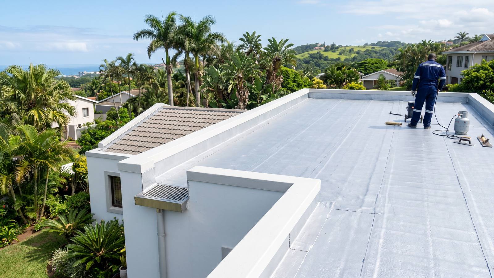 Flat concrete roof behind a parapet wall finished with a grey torch-on membrane and a reflective coat, with a box-gutter outlet, on a modern Durban home.