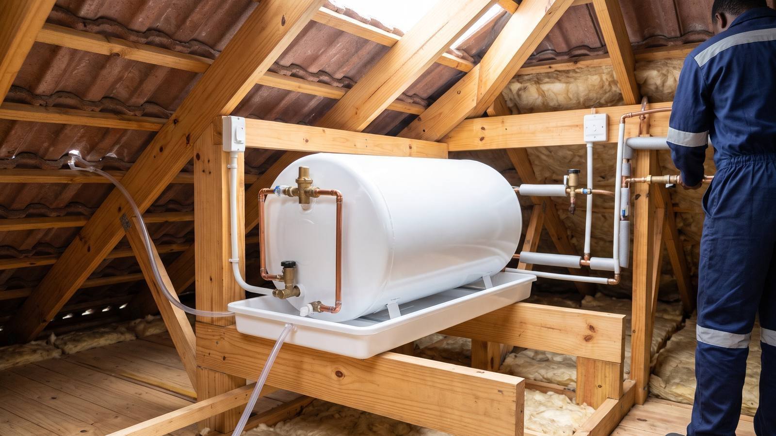 A white 150-litre electric geyser mounted horizontally in a clean roof space above the ceiling, sitting in a drip tray with an overflow pipe and copper fittings.
