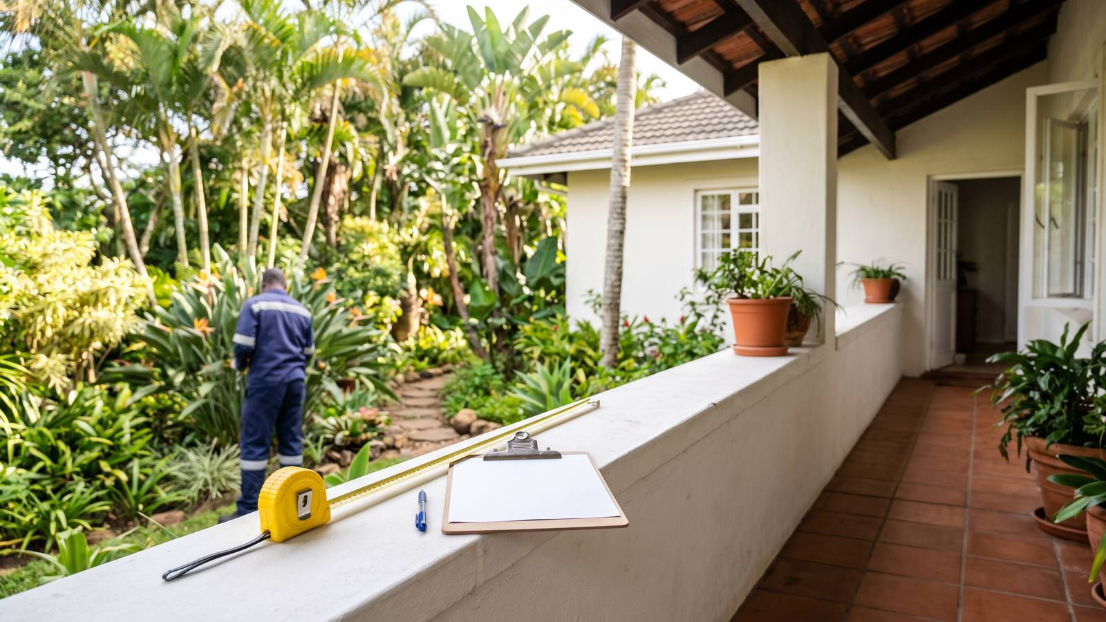 A yellow tape measure and a clipboard with a blank sheet on a tiled veranda of a plastered Durban home with palms behind, ready for a repair quote.