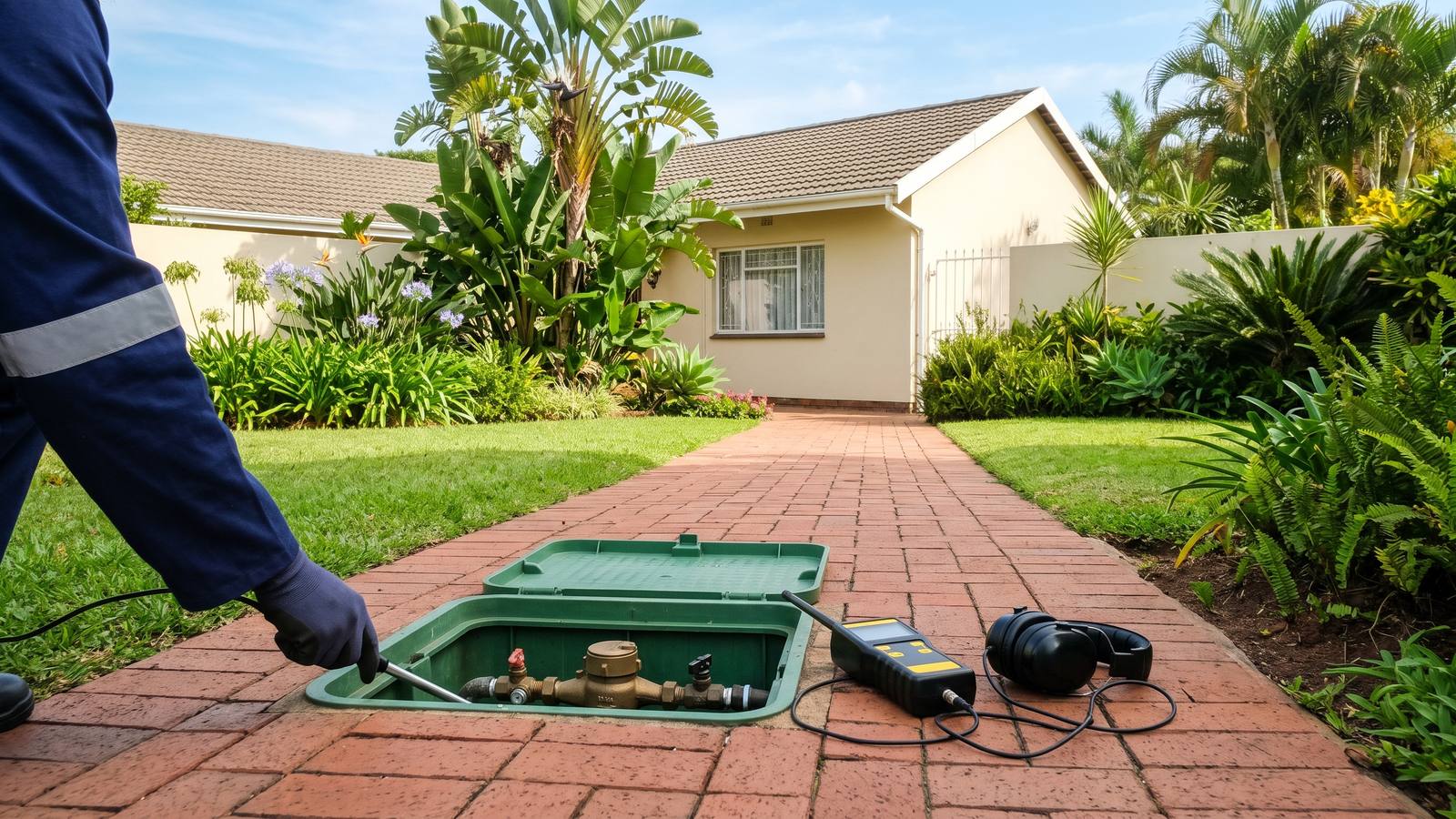 Hand-held acoustic listening device resting on a paved path beside a municipal water meter box in a neat subtropical front garden.