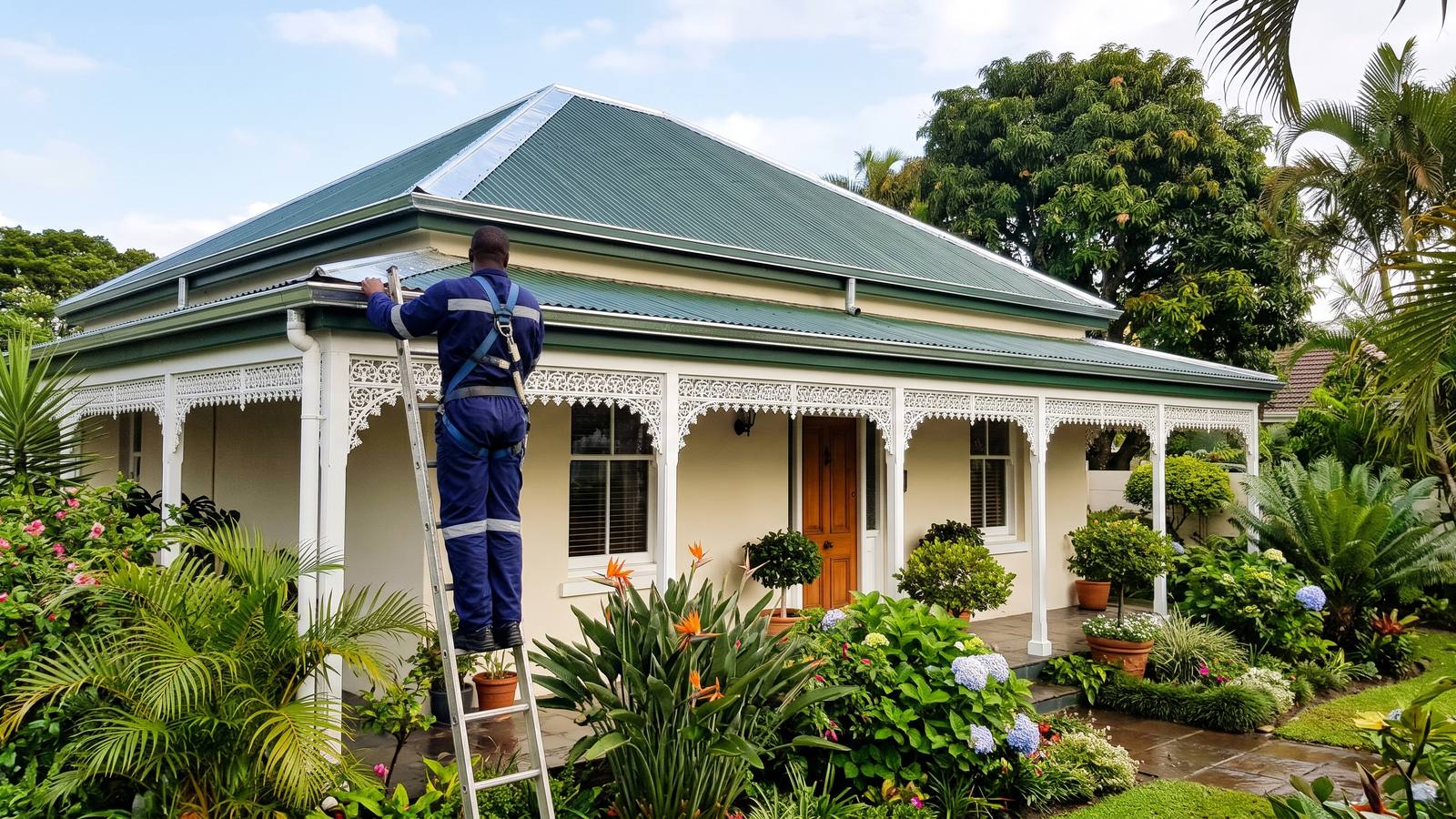 Corrugated-iron roof and ridge flashing on a veranda house among palms.